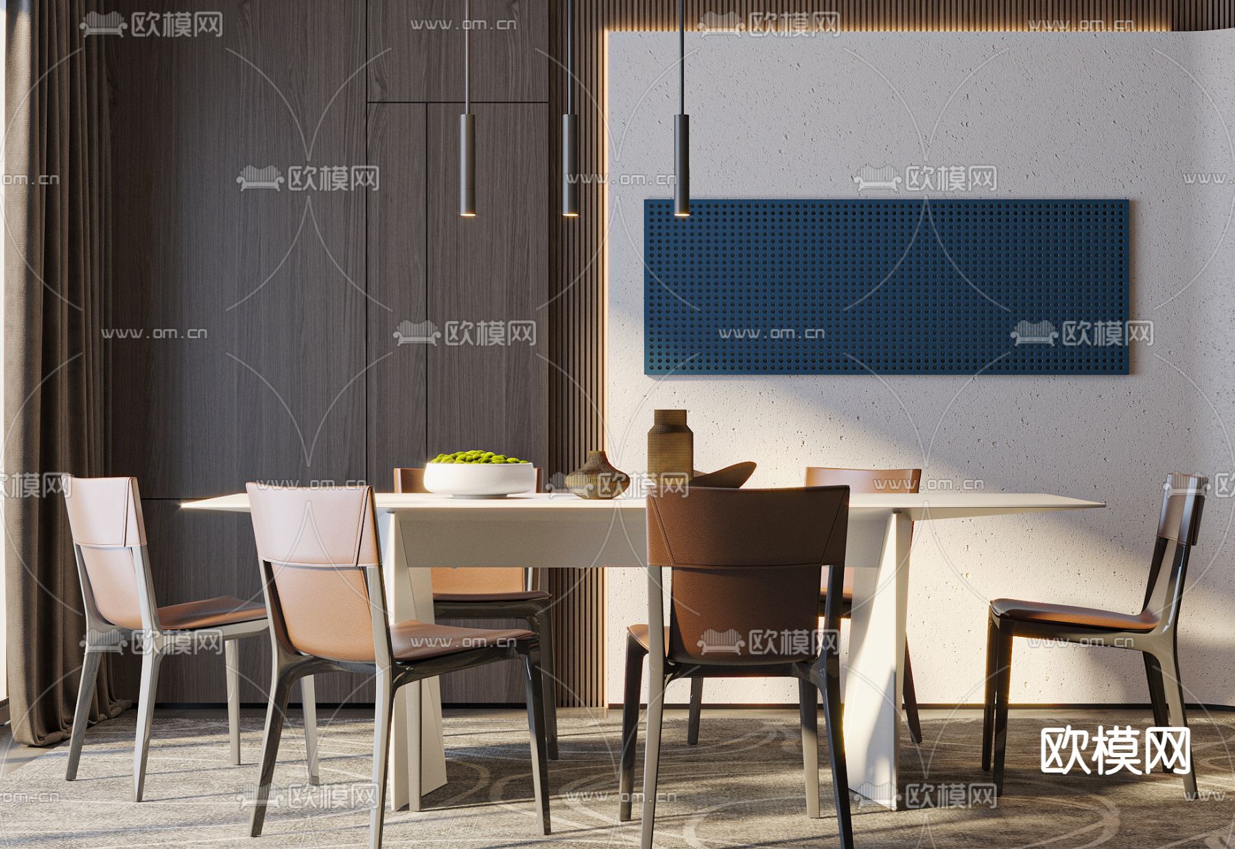 现代条形餐桌椅3d模型