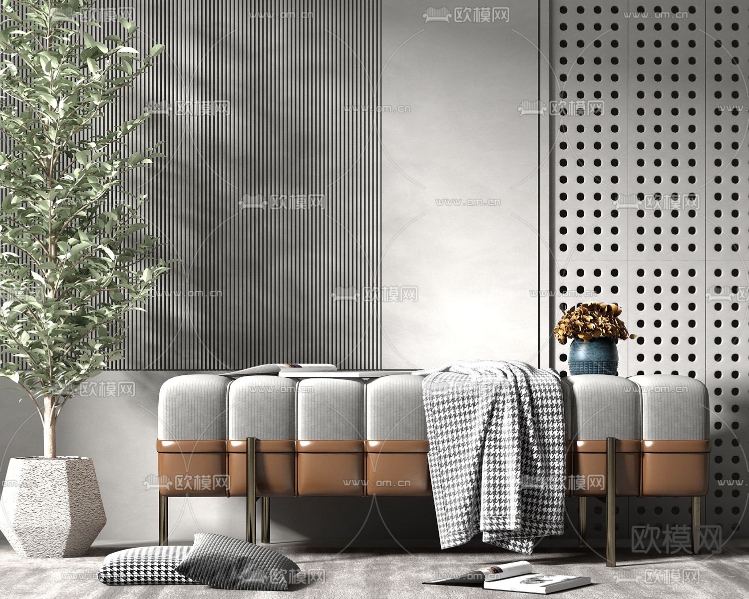 现代轻奢沙发凳床尾凳摆设组合su模型下载（渲染图1）