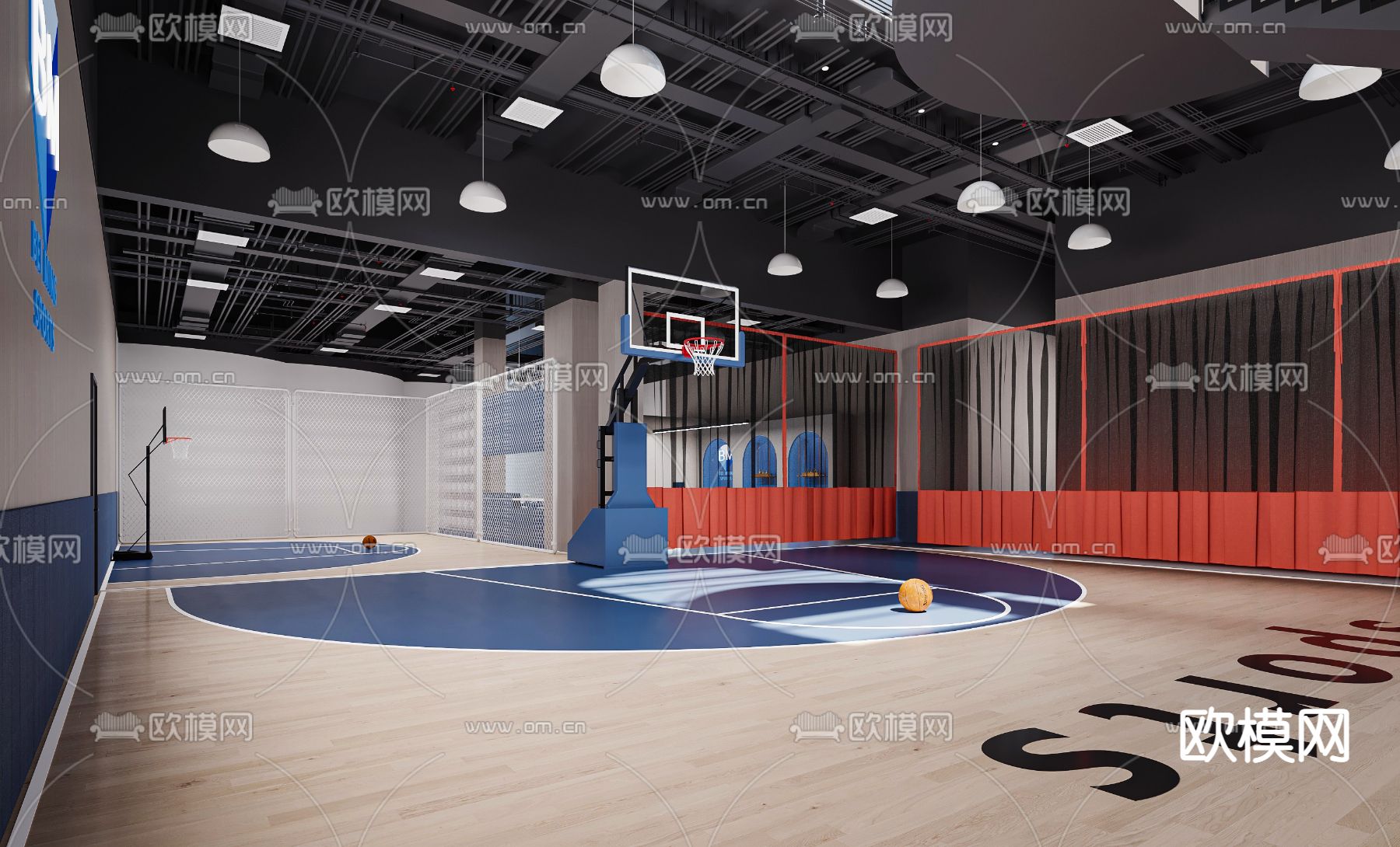 现代室内篮球场休闲区3d模型下载（渲染图1）
