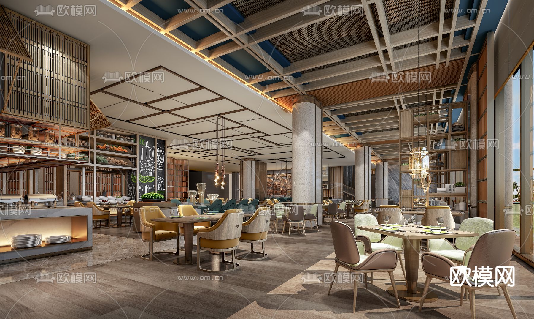 新中式酒店自助餐厅3d模型下载（渲染图2）