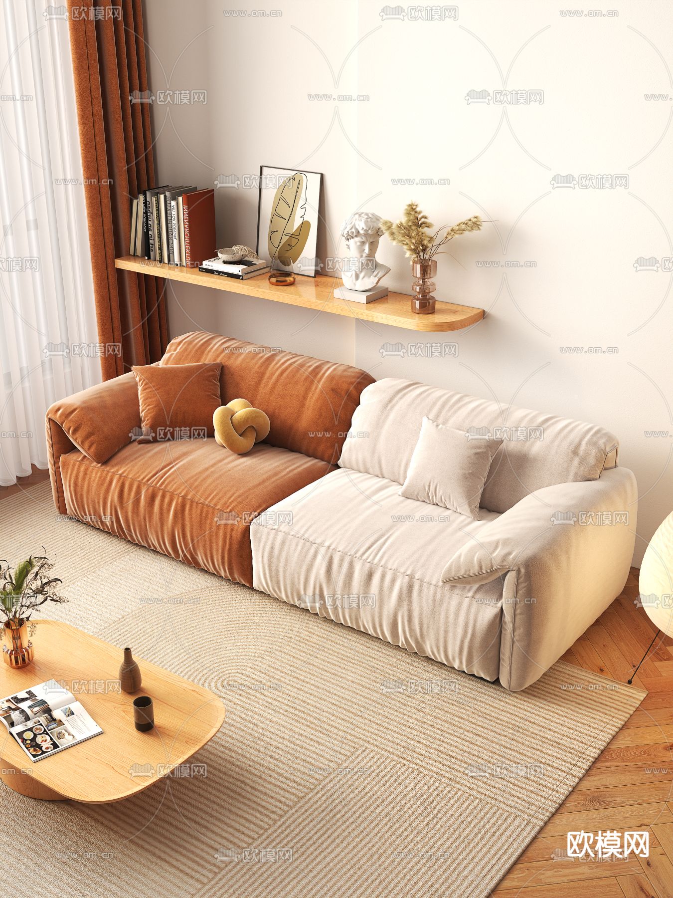 现代奶油风撞色布艺双人沙发3d模型下载（渲染图2）