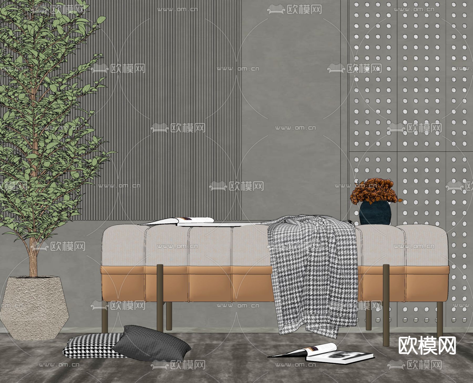 现代轻奢沙发凳床尾凳摆设组合su模型下载（渲染图2）