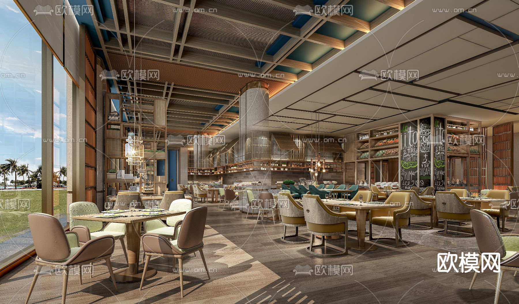 新中式酒店自助餐厅3d模型下载（渲染图1）