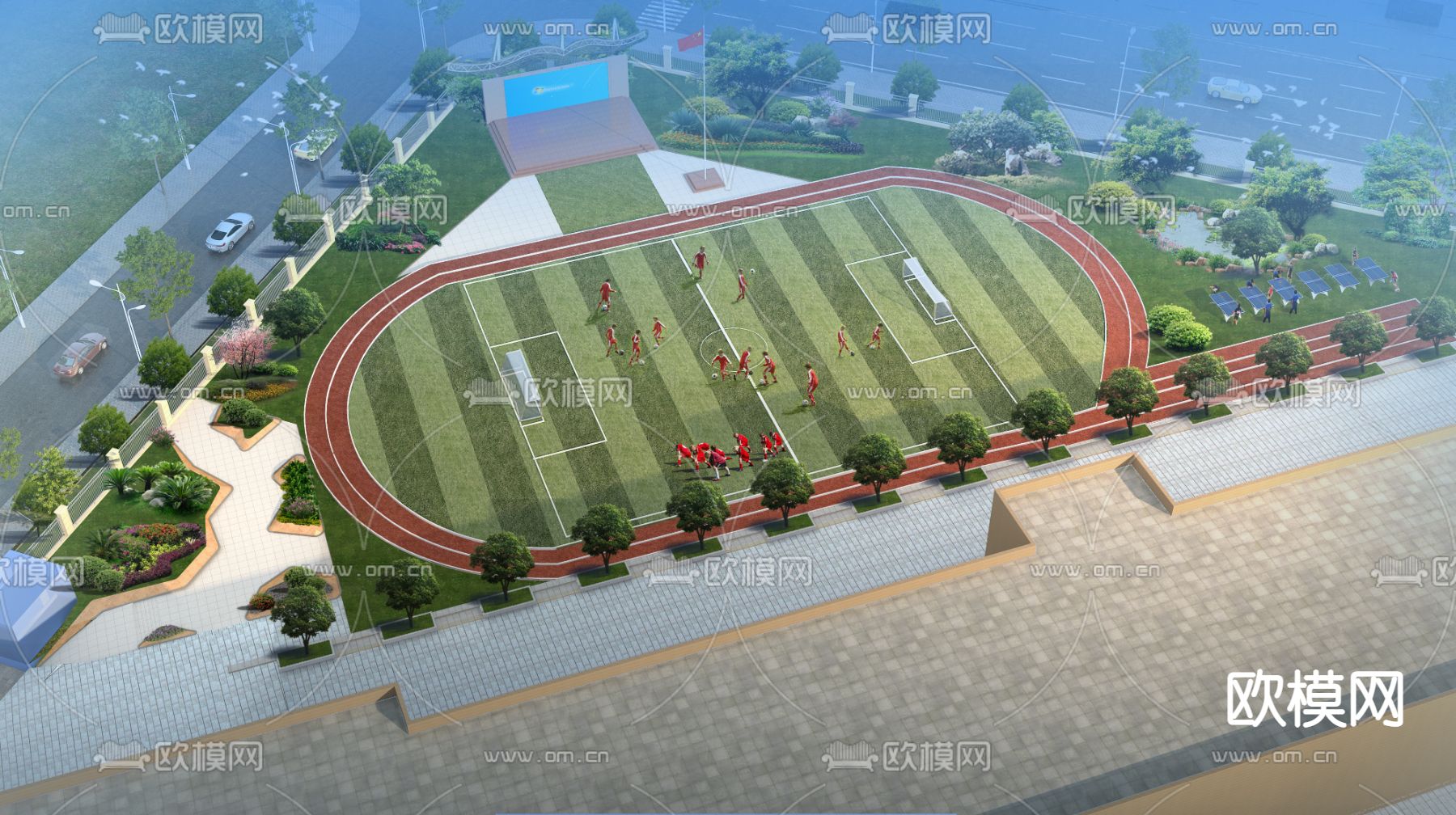 现代学校跑道操场鸟瞰3d模型下载