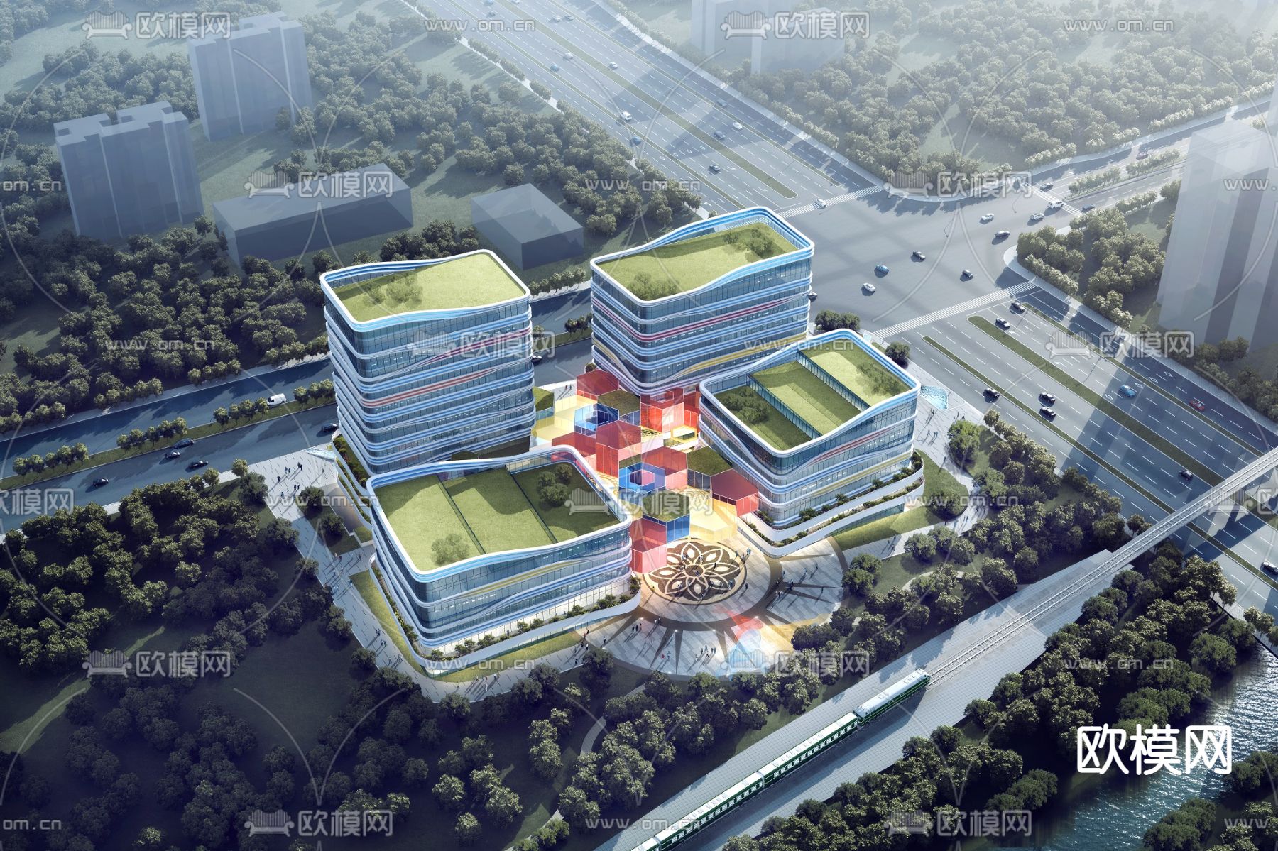 现代办公园区鸟瞰3d模型下载