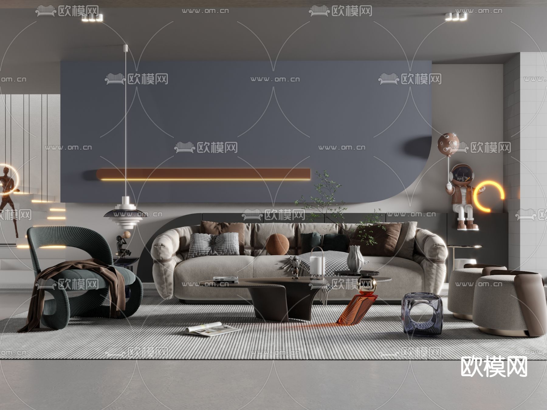 现代灰色布艺组合沙发3d模型下载_ID12041585_3dmax免费模型-欧模网