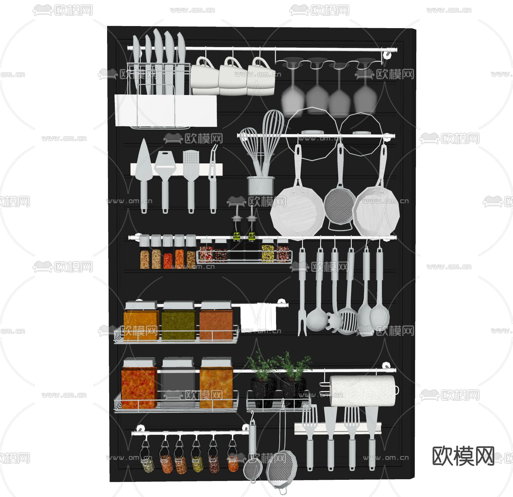 现代厨房壁挂套件厨房餐具组合su模型下载（渲染图2）