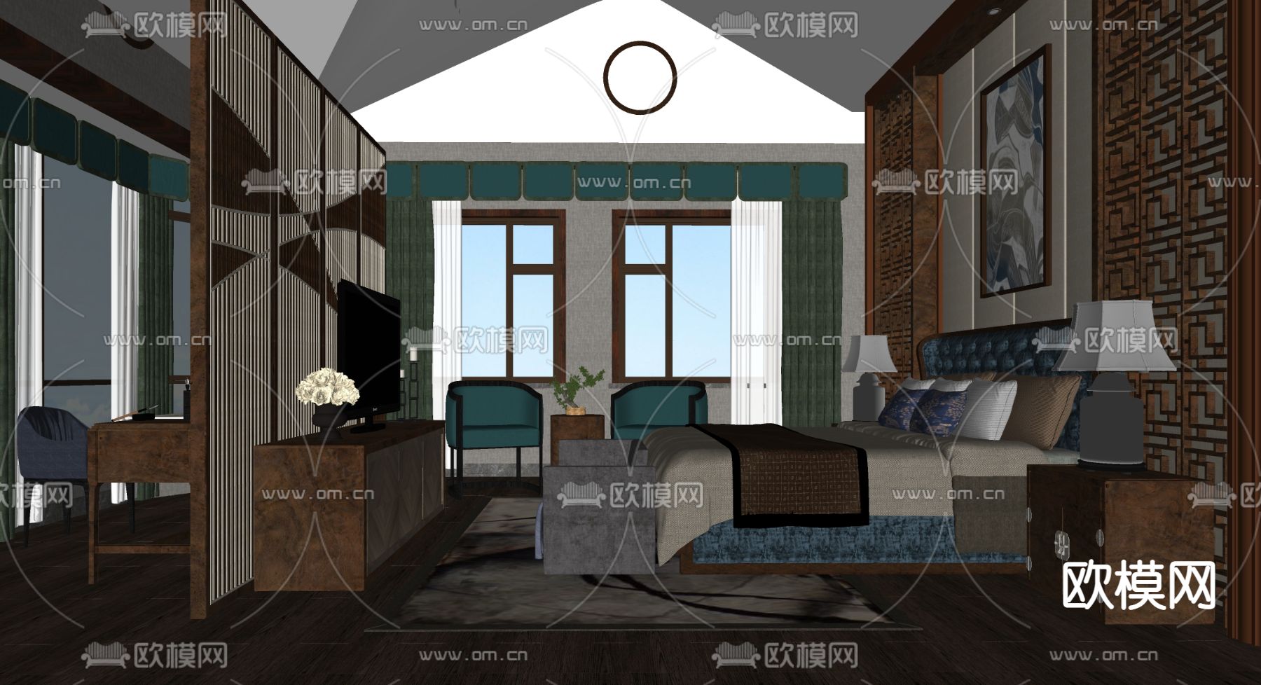 新中式酒店客房su模型下载（渲染图2）