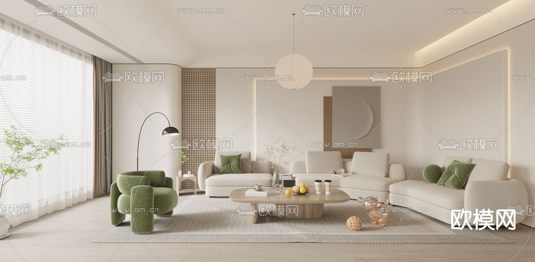 现代奶油风客厅3d模型下载_ID12043439_3dmax免费模型-欧模网