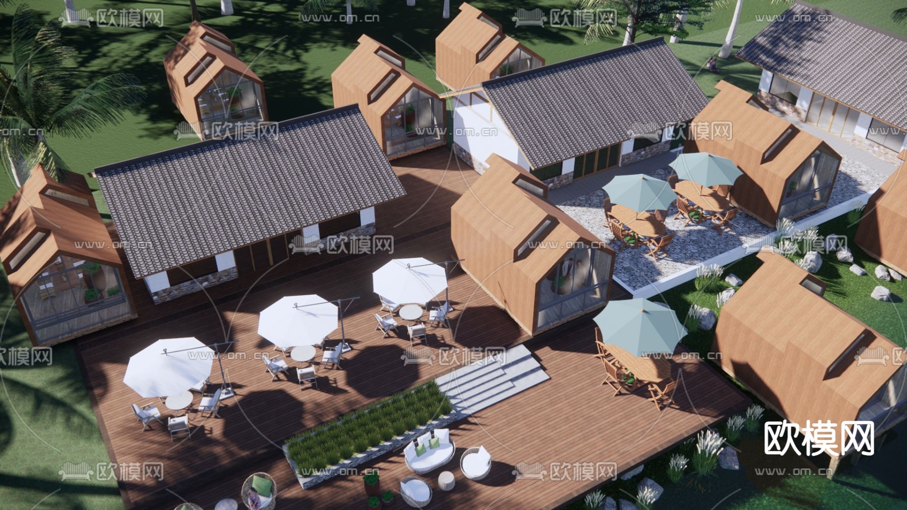 新中式乡村民宿外观su模型下载（渲染图1）