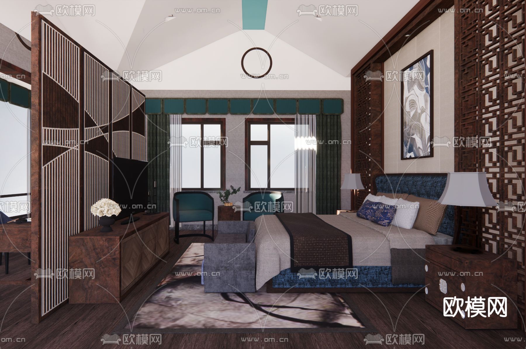 新中式酒店客房su模型下载（渲染图1）