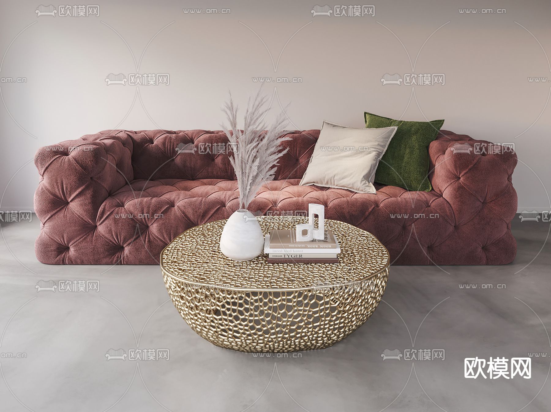 Poliform 现代梅红色多人沙发su模型下载（渲染图1）