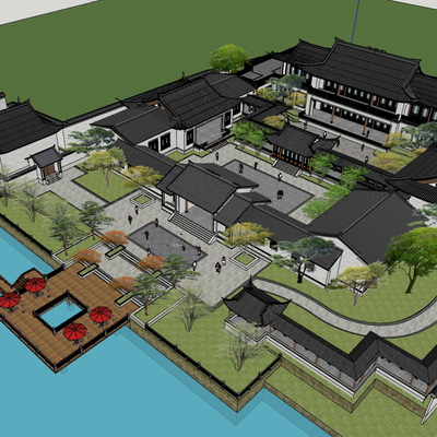  中式度假山庄酒店鸟瞰su模型 