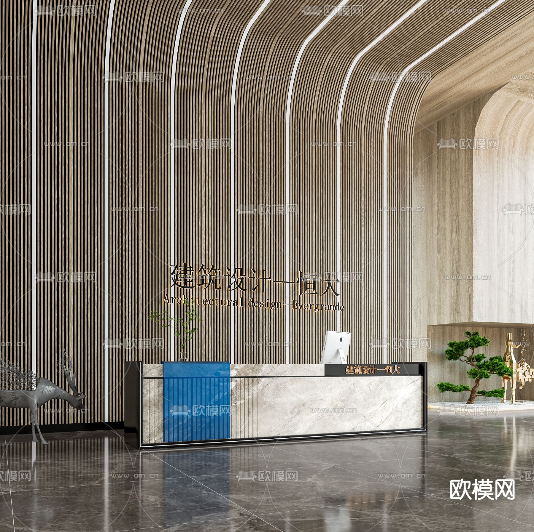 现代办公前台大厅3d模型下载