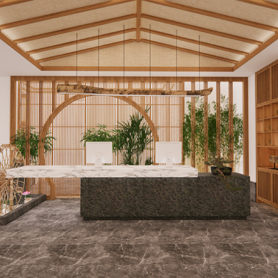  新中式酒店前台su模型 