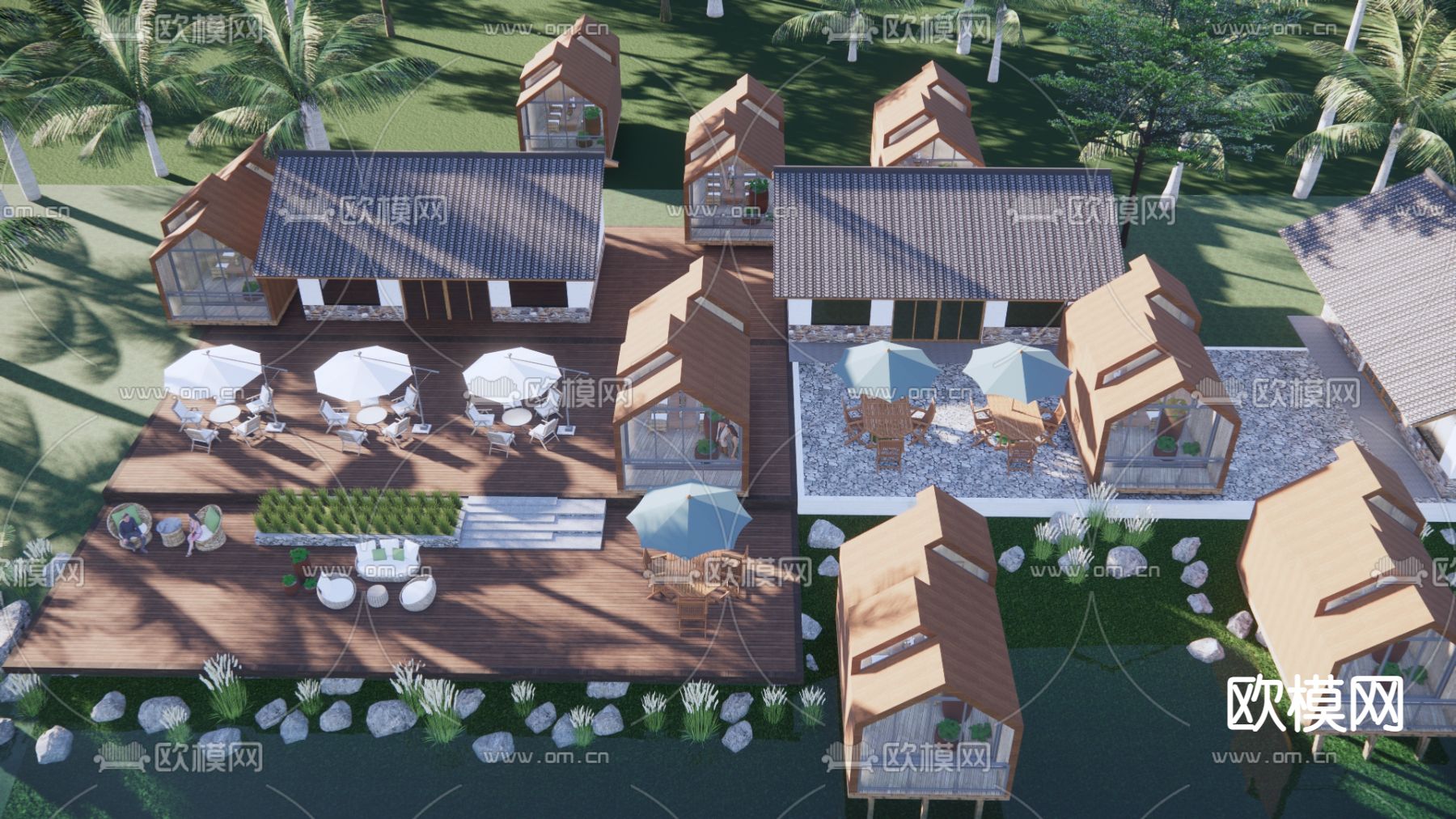 新中式乡村民宿外观su模型下载（渲染图2）