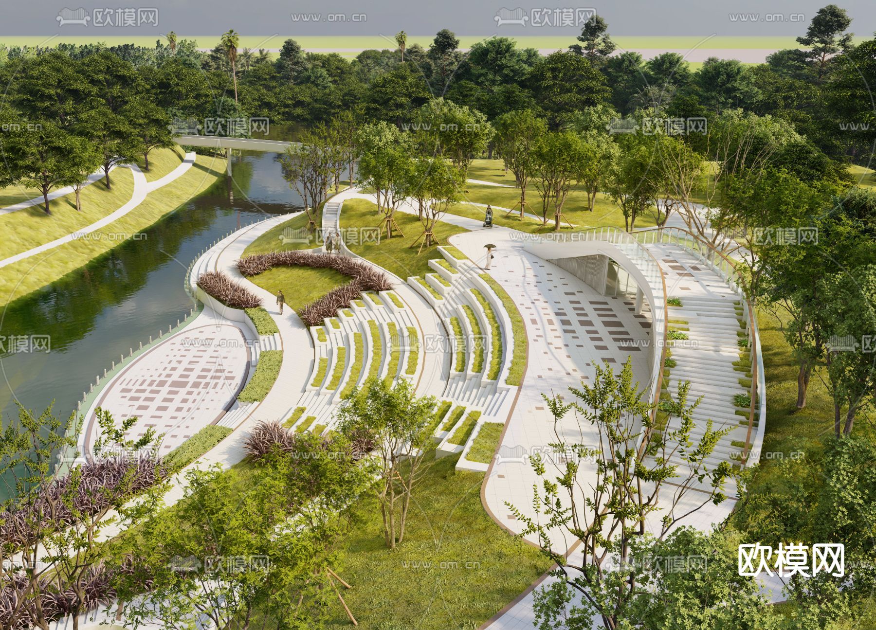 现代滨水景观su模型下载（渲染图1）