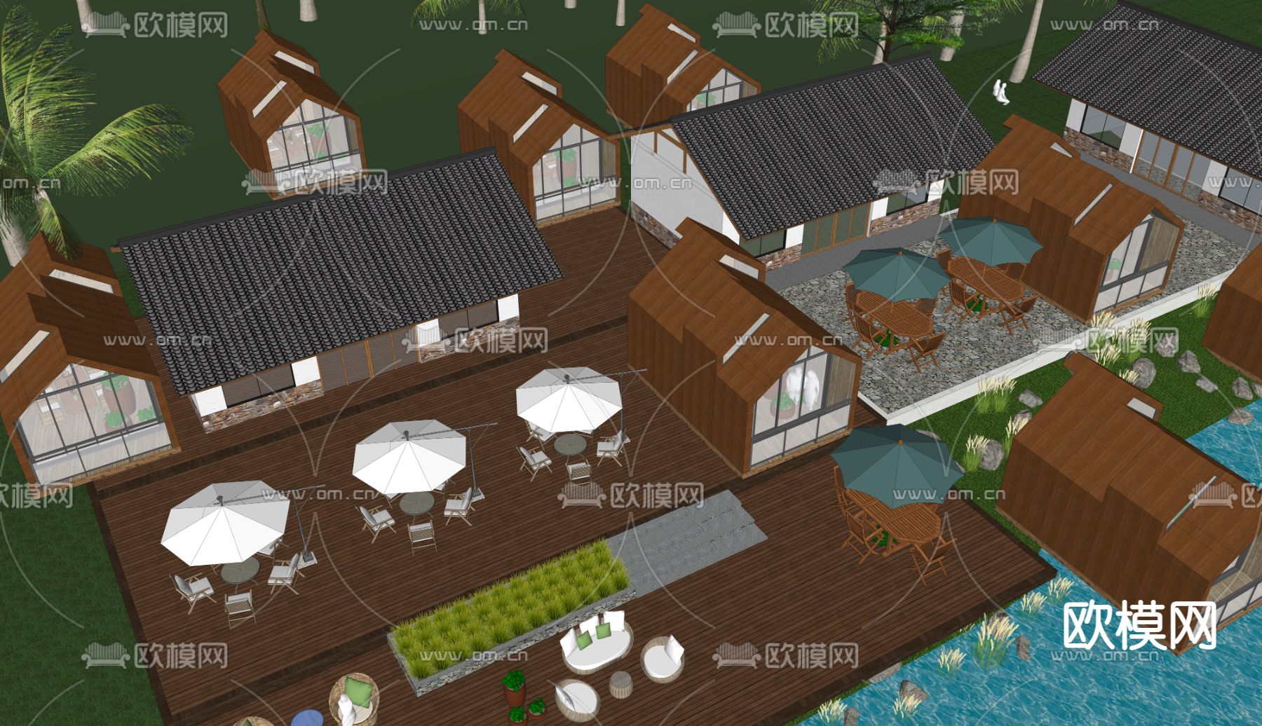 新中式乡村民宿外观su模型下载（渲染图3）