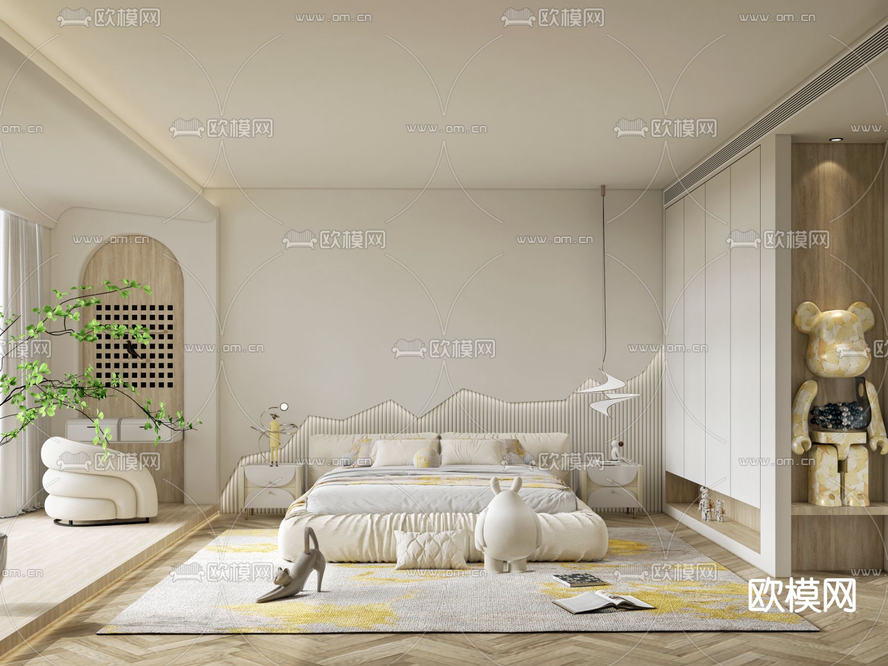现代奶油风卧室主人房su模型下载（渲染图1）