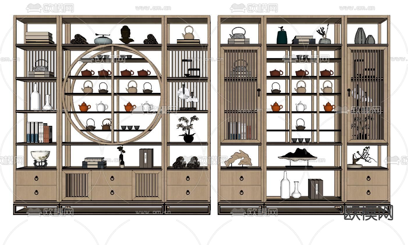 新中式博古架装饰柜su模型下载（渲染图2）