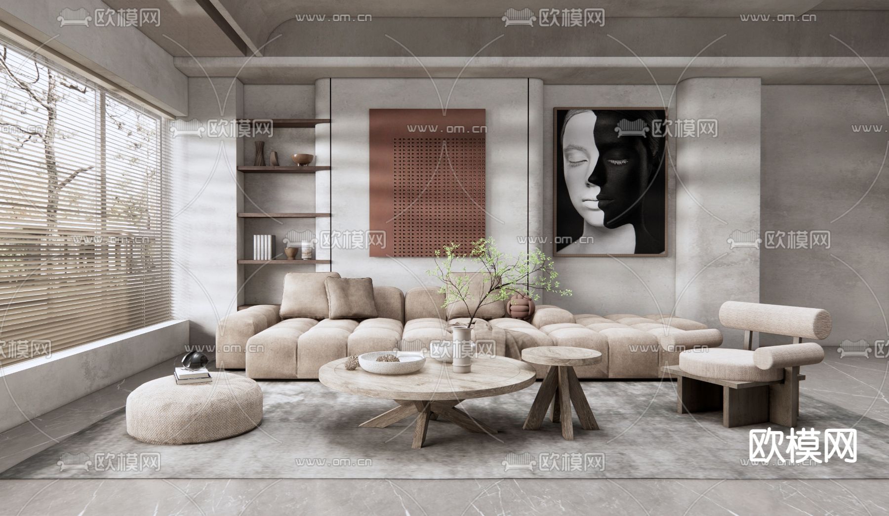 侘寂布艺沙发组合su模型下载_ID12044093_sketchup模型下载-欧模网