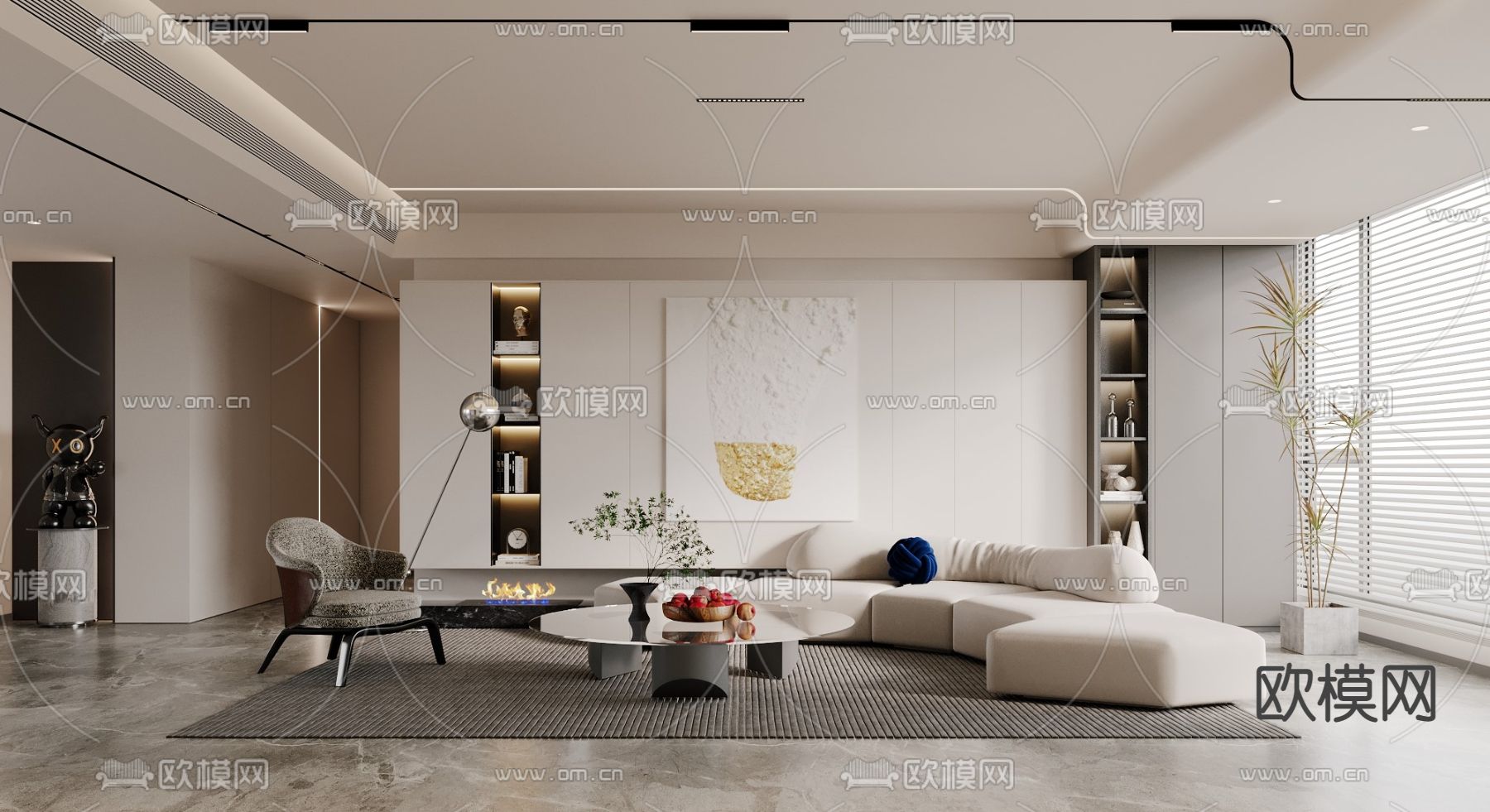 现代奶油风客厅3d模型下载_ID12043584_3dmax免费模型-欧模网