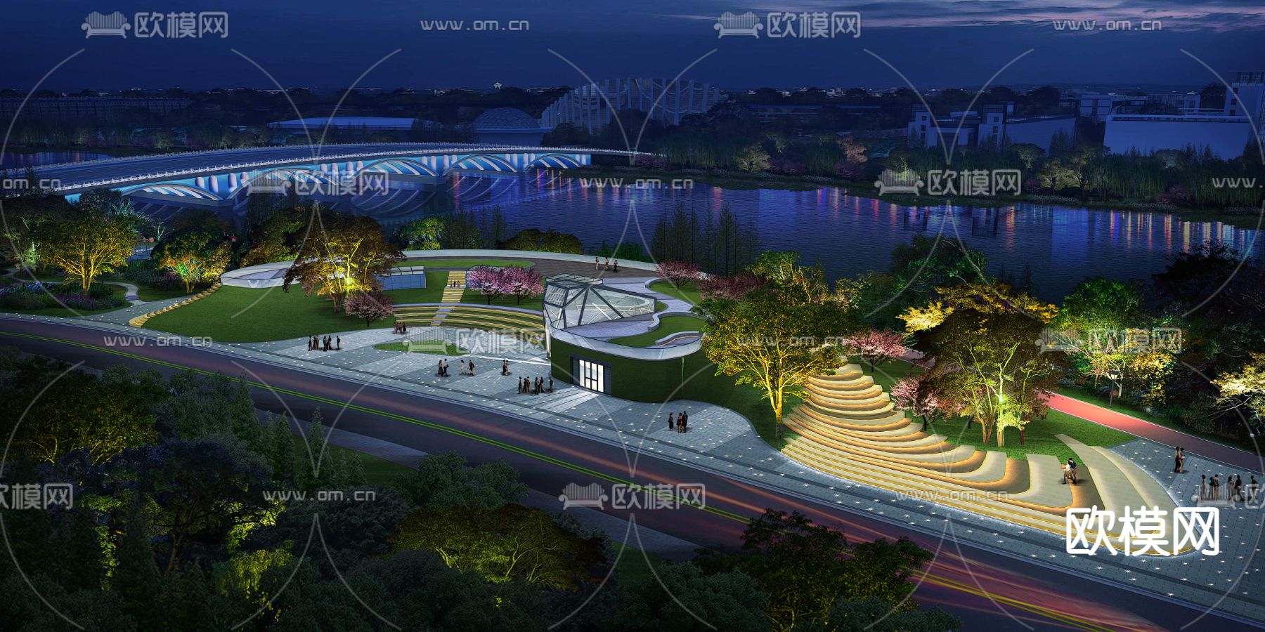 现代广场湖边公园夜景景观psd下载_ID12046095_3dmax免费模型-欧模网