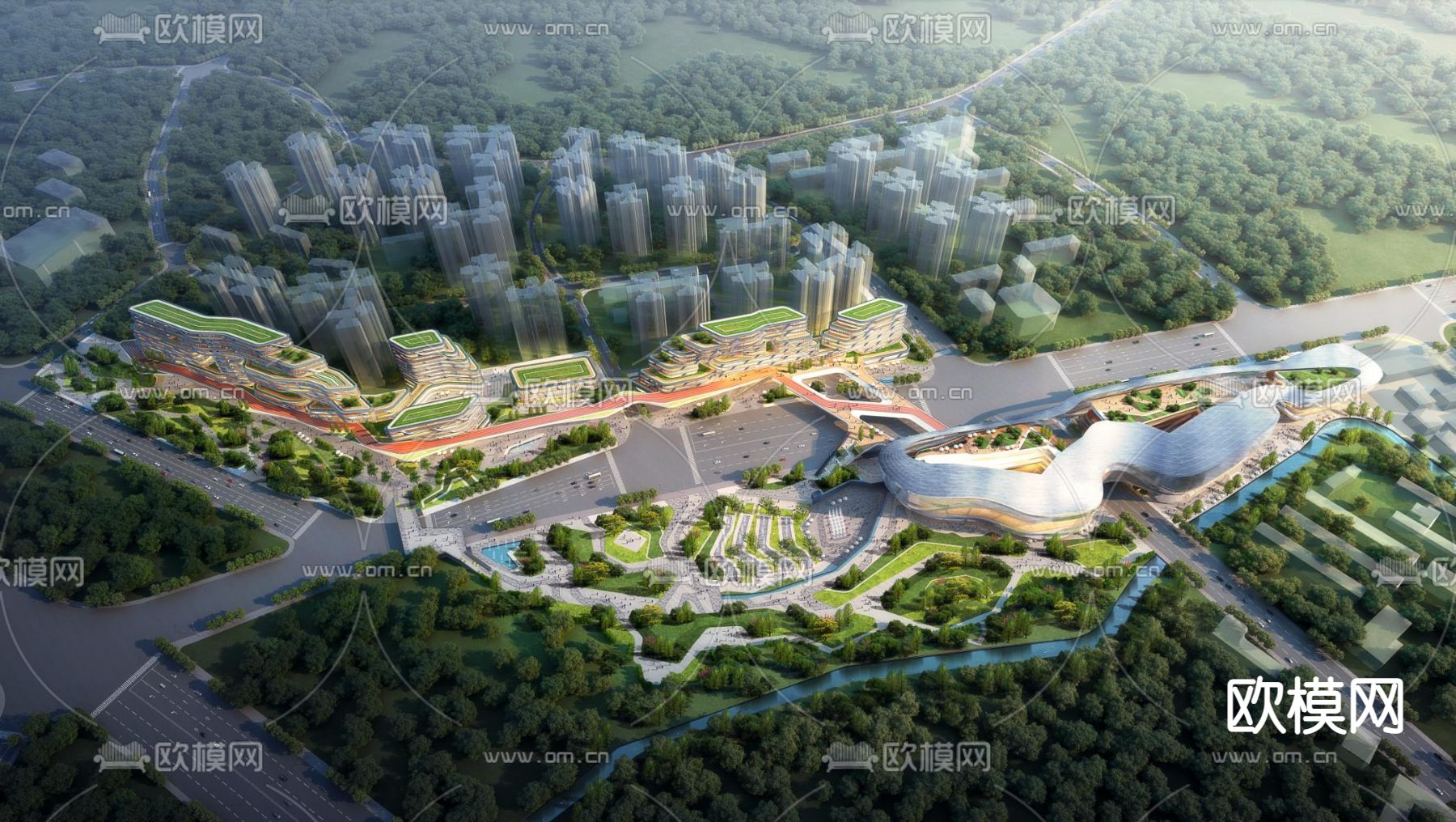 现代商业综合楼鸟瞰su模型下载（渲染图1）