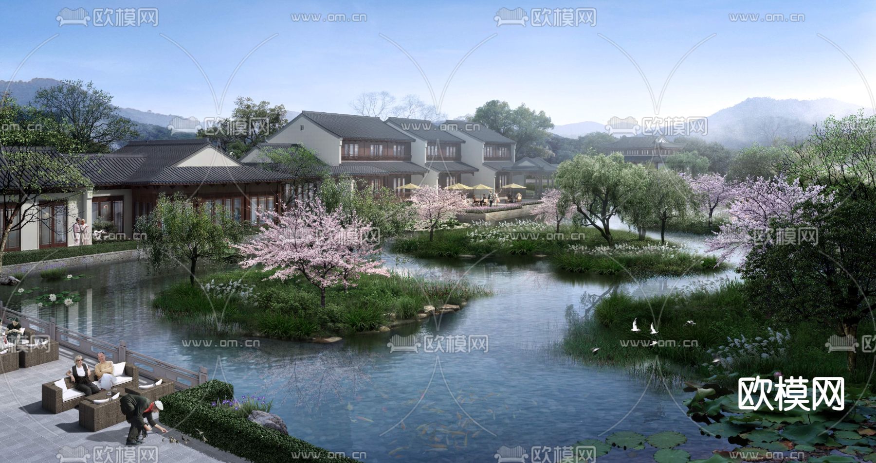 中式湖边庭院园林景观psd下载