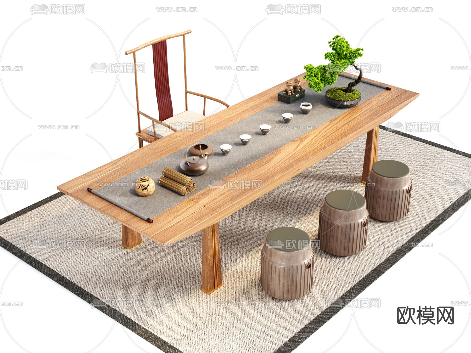 新中式实木茶桌椅3d模型下载（渲染图2）