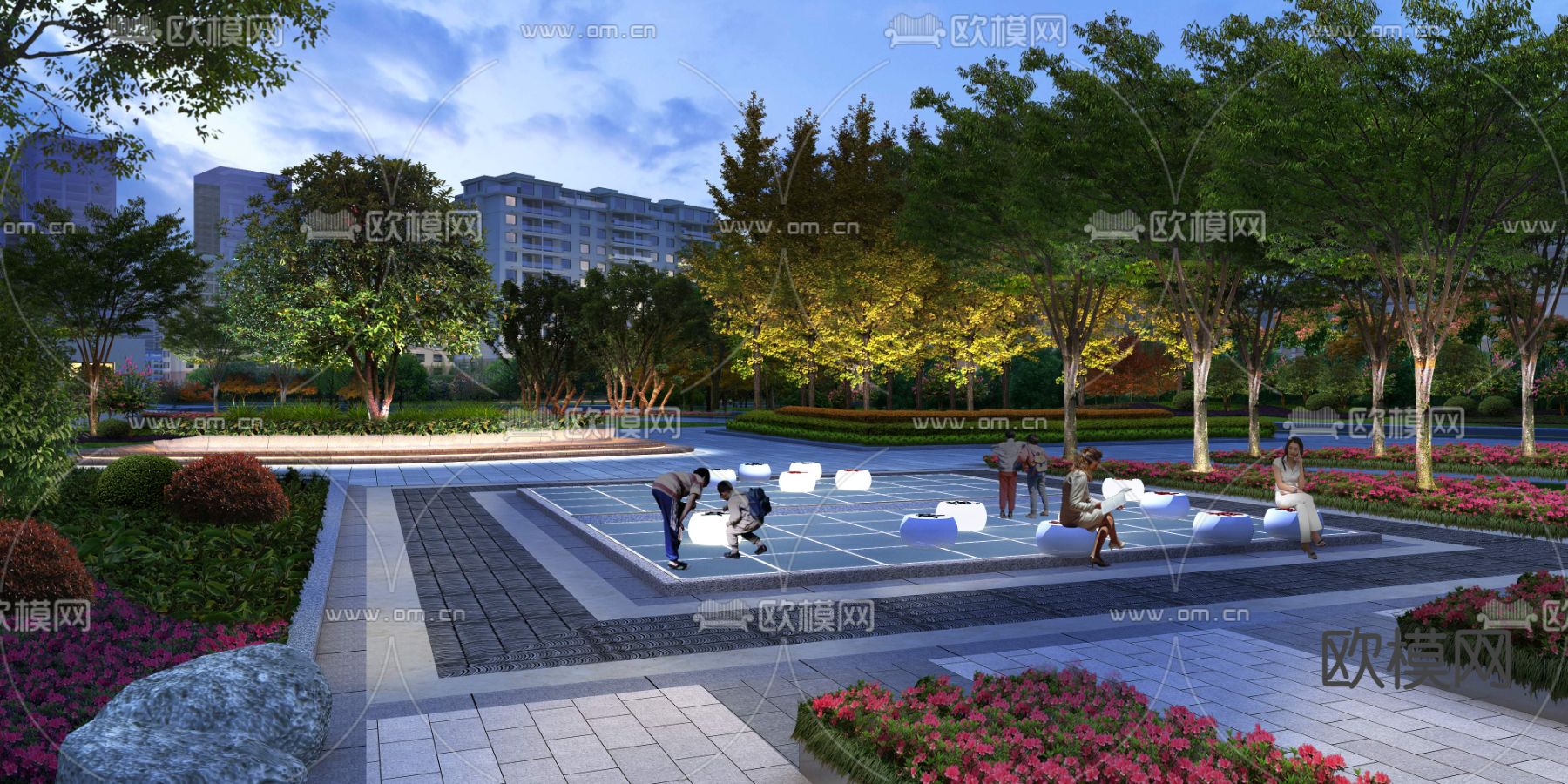 现代广场公园夜景景观psd下载_ID12046098_3dmax免费模型-欧模网