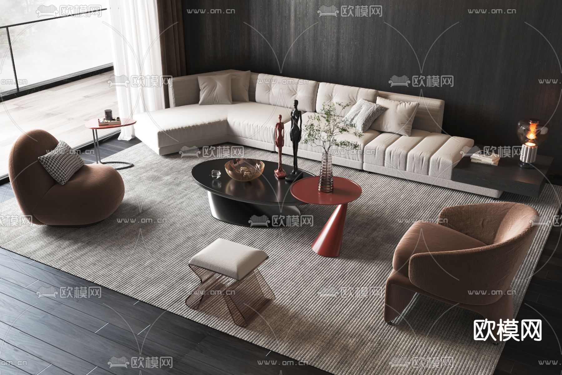 现代布艺转角组合沙发茶几3d模型