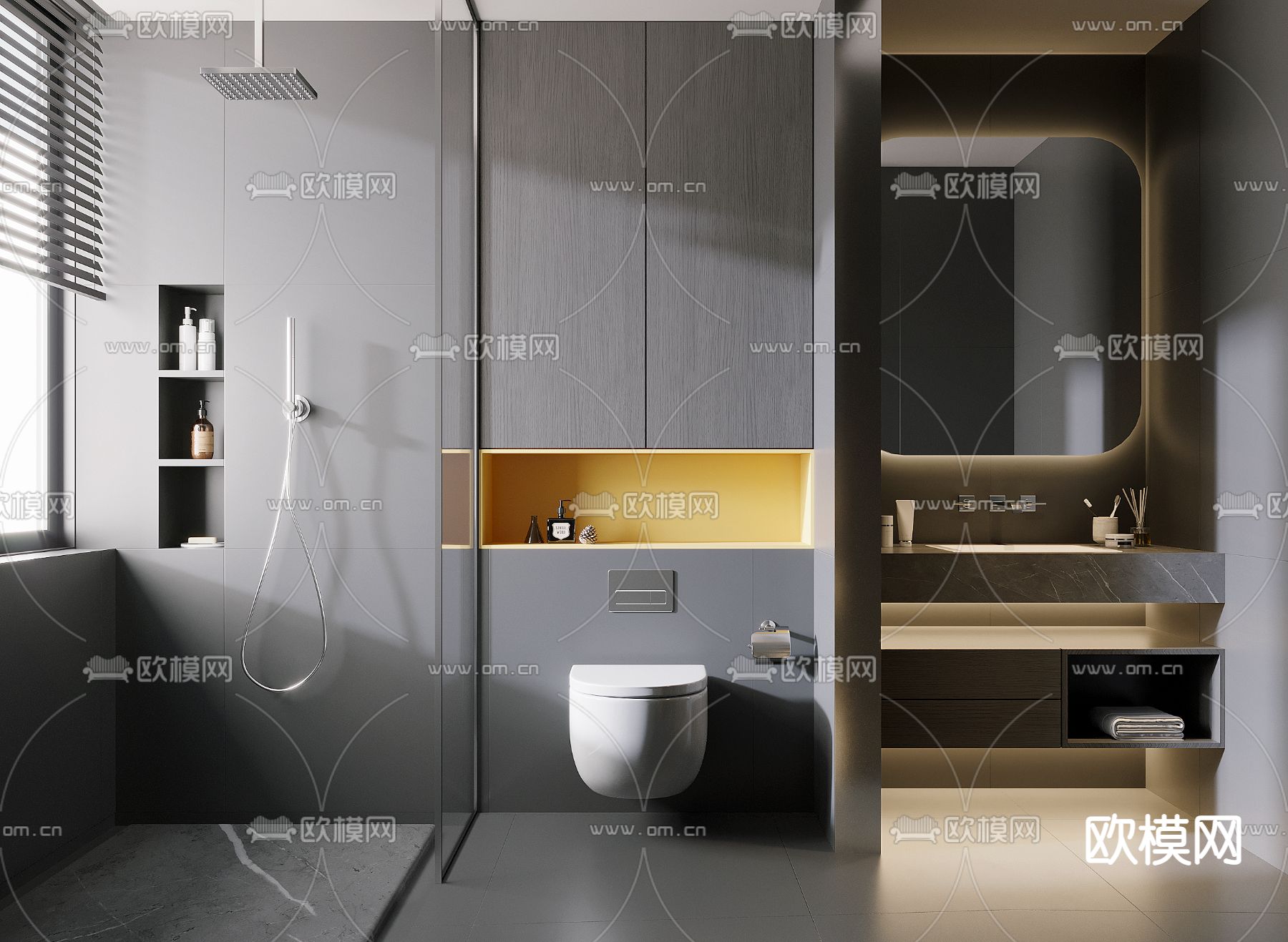 现代高级灰浴室卫生间su模型下载（渲染图1）