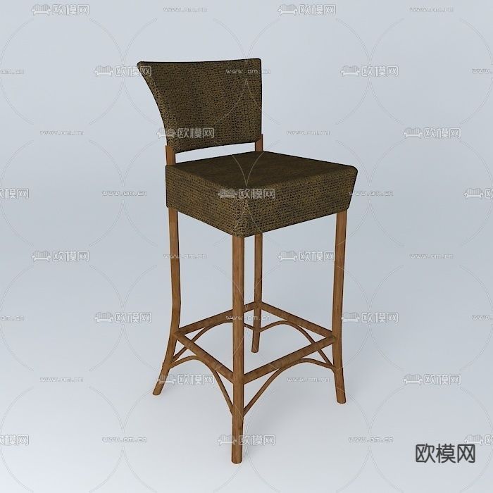 北欧简约实木藤编吧台椅免费3d模型下载