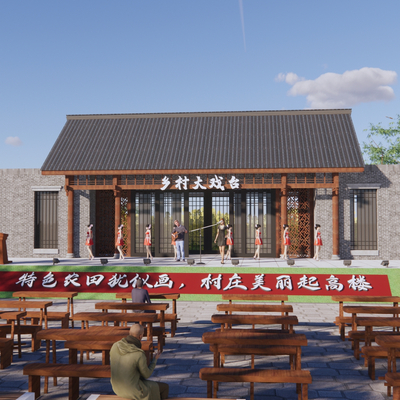  新中式乡村广场舞台su模型 