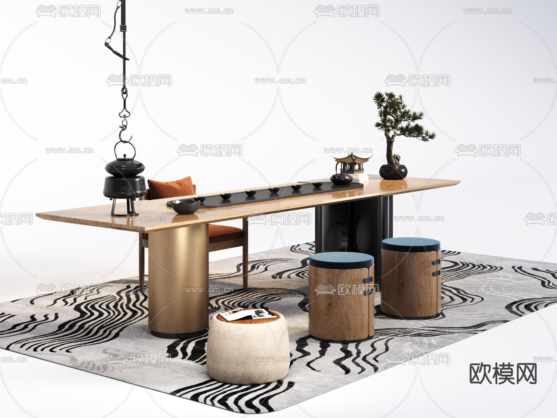 新中式实木茶桌椅3d模型下载（渲染图2）