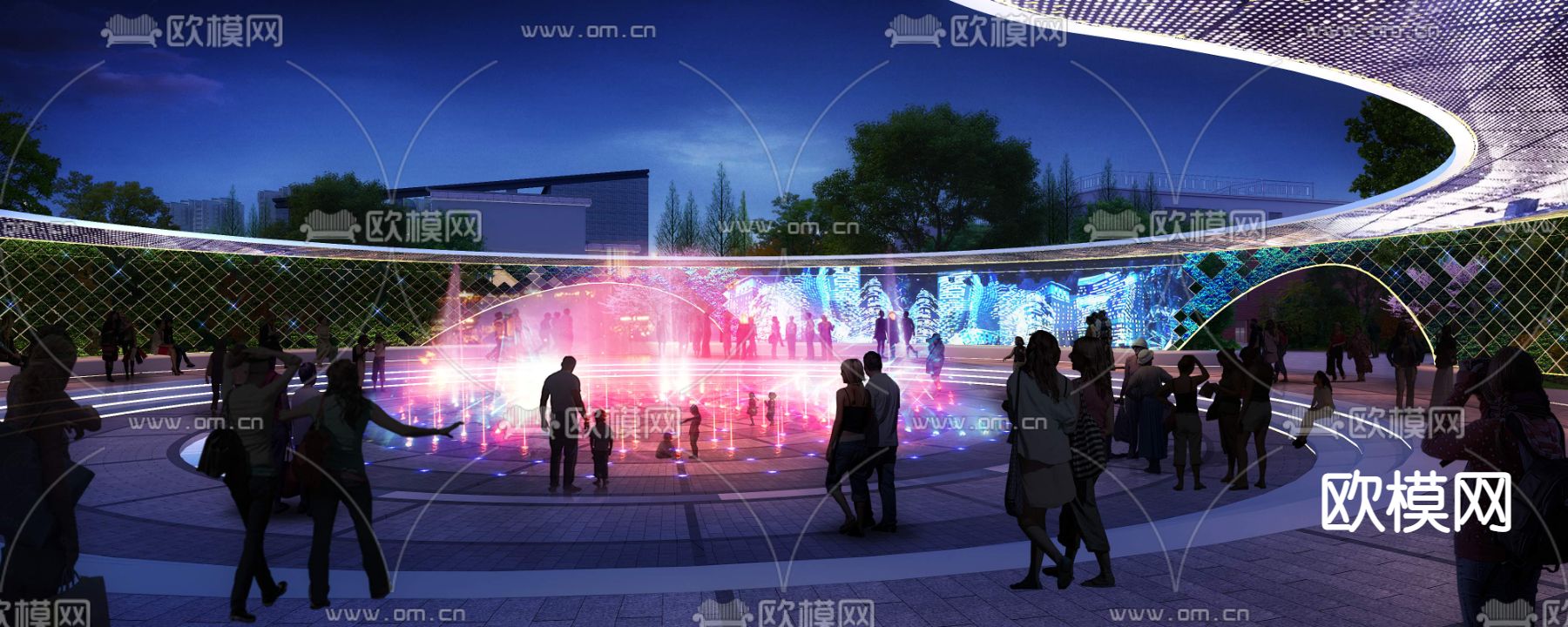 现代广场公园夜景景观psd下载