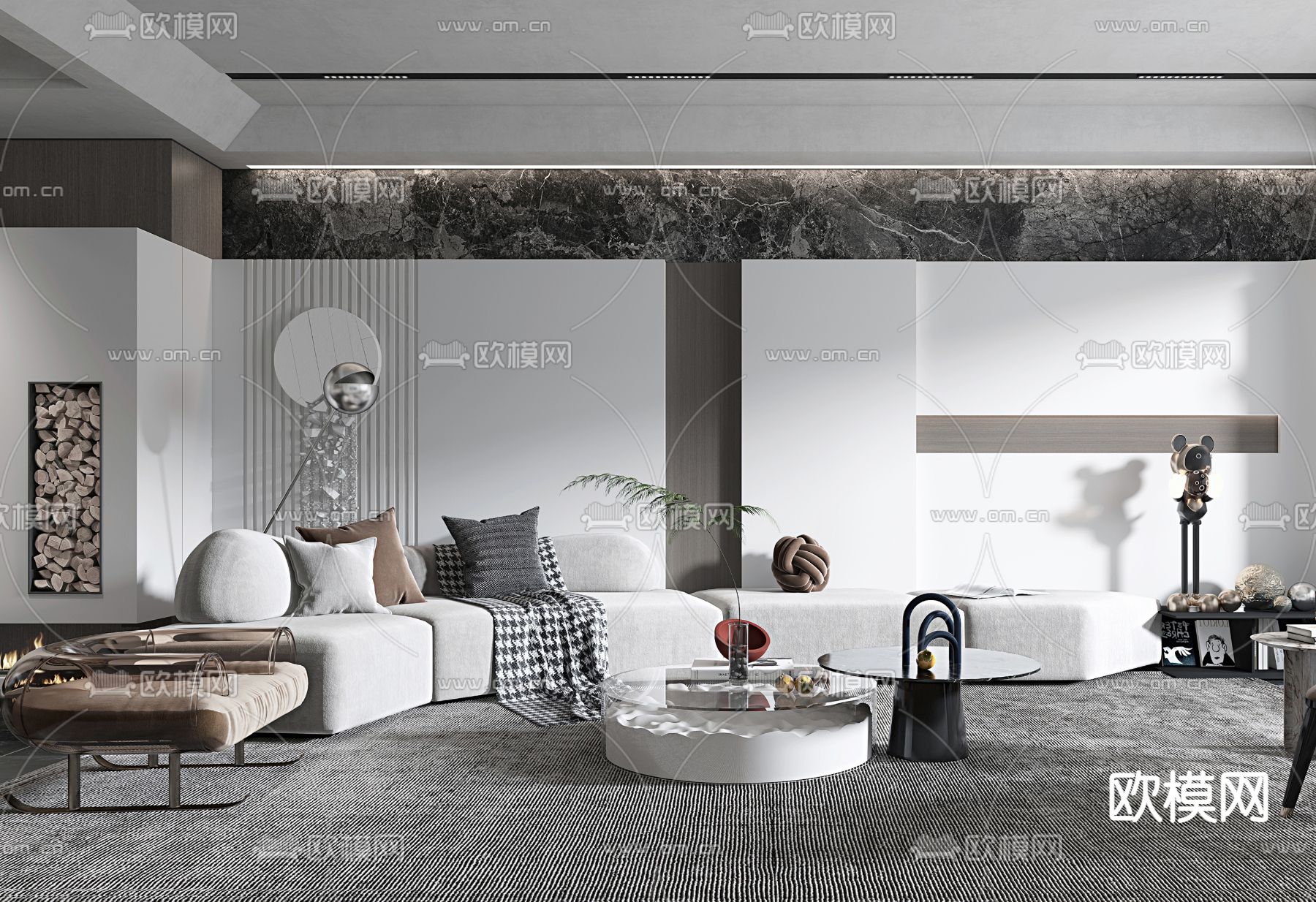 现代高级灰客厅餐厅3d模型