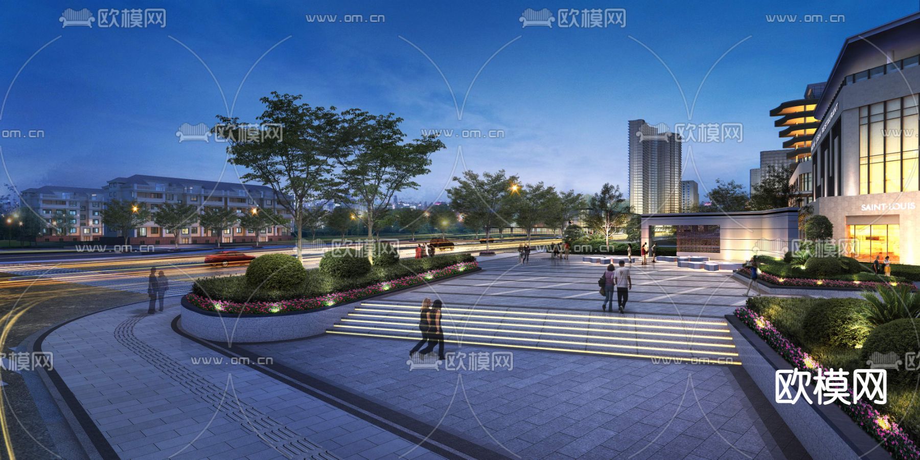 现代广场公园夜景景观psd下载