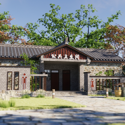  新中式公共厕所su模型 