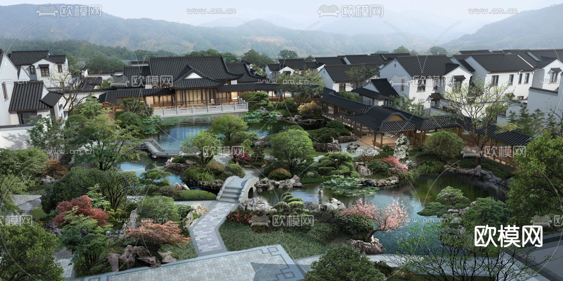 新中式古建民俗园林鸟瞰景观psd下载