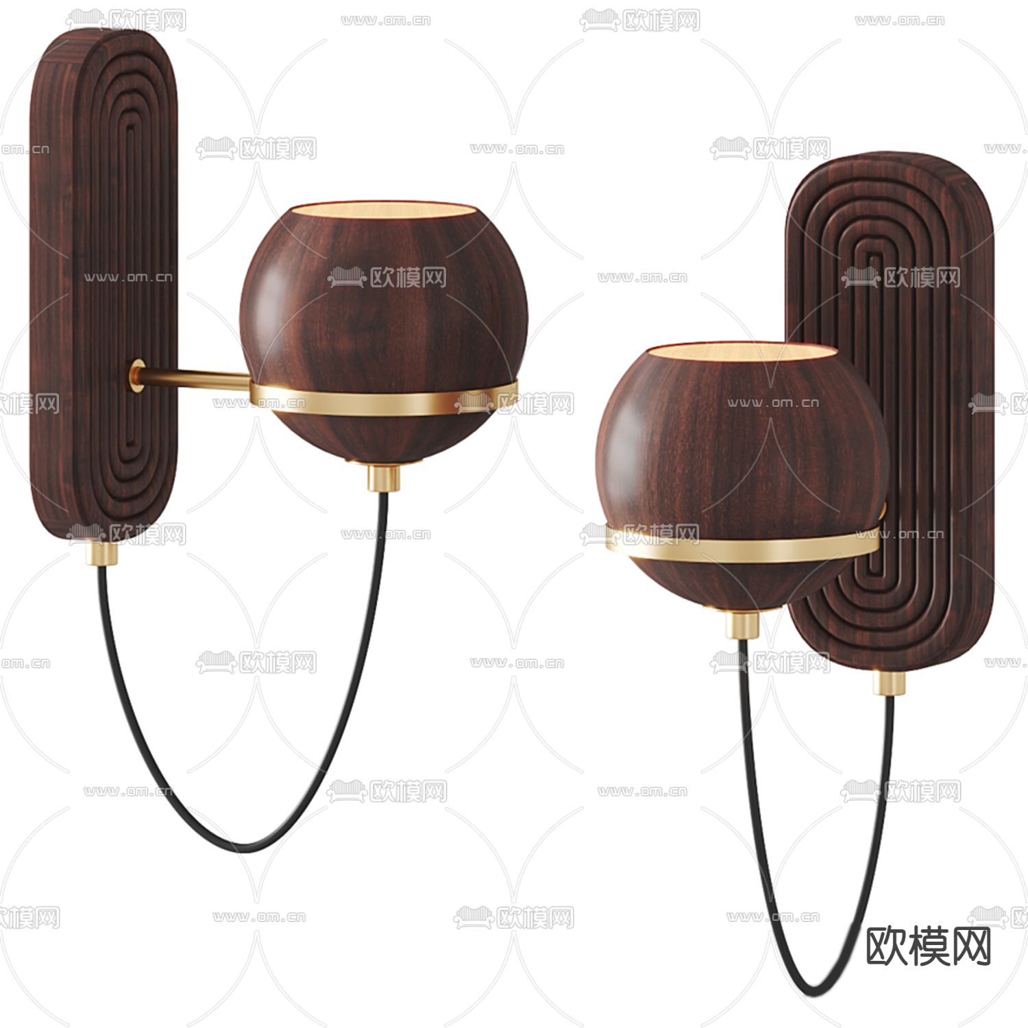现代中式实木球形壁灯3d模型下载（渲染图1）