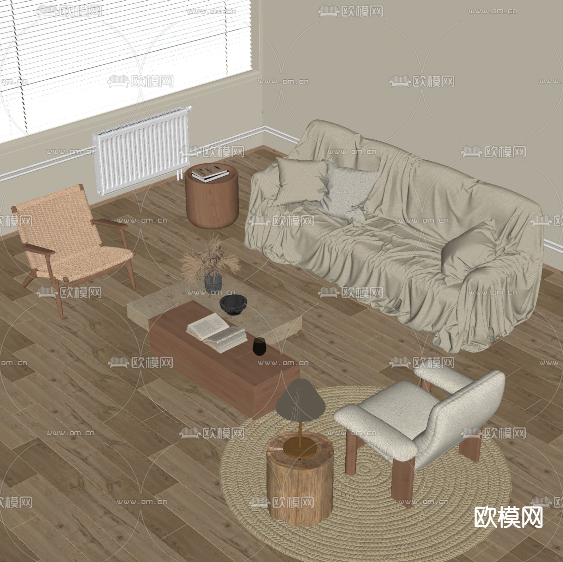 侘寂风布艺组合沙发su模型