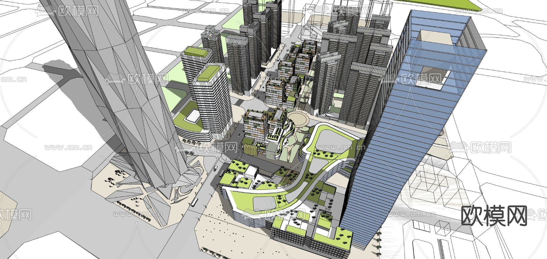 现代商业综合楼鸟瞰su模型下载（渲染图2）