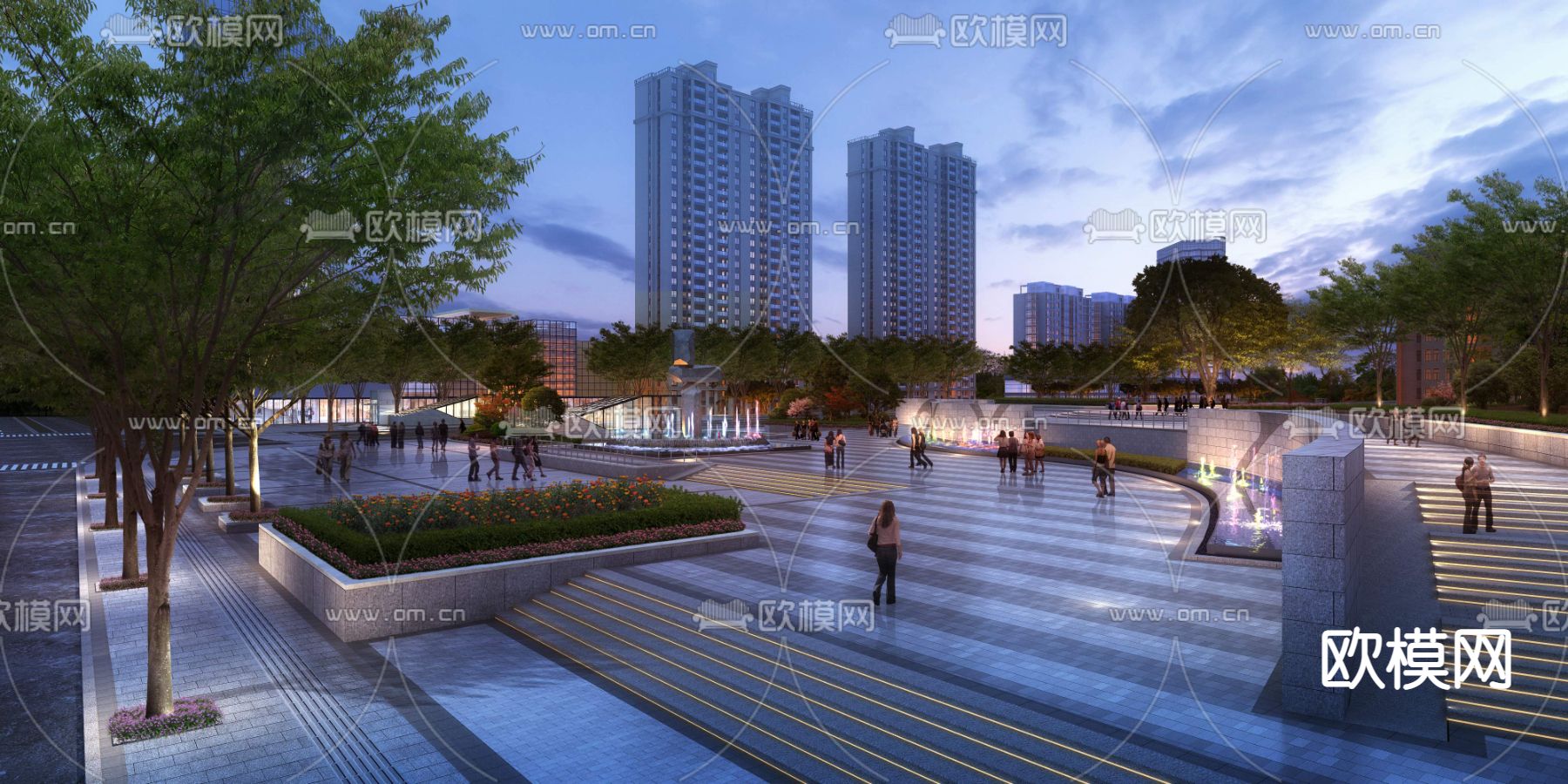 现代广场公园夜景景观psd下载_ID12046210_3dmax免费模型-欧模网