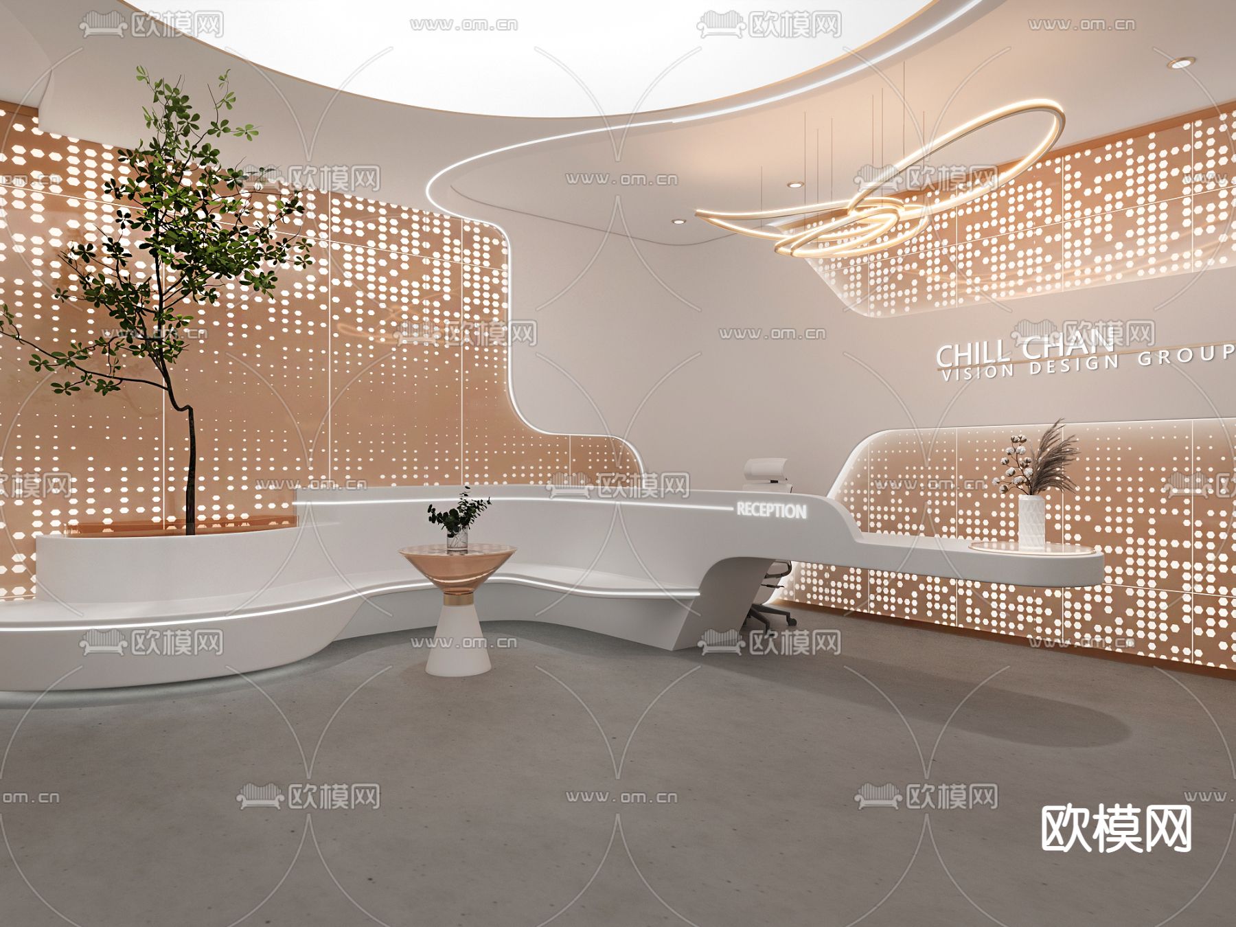 现代轻奢前台接待大厅3d模型下载（渲染图2）