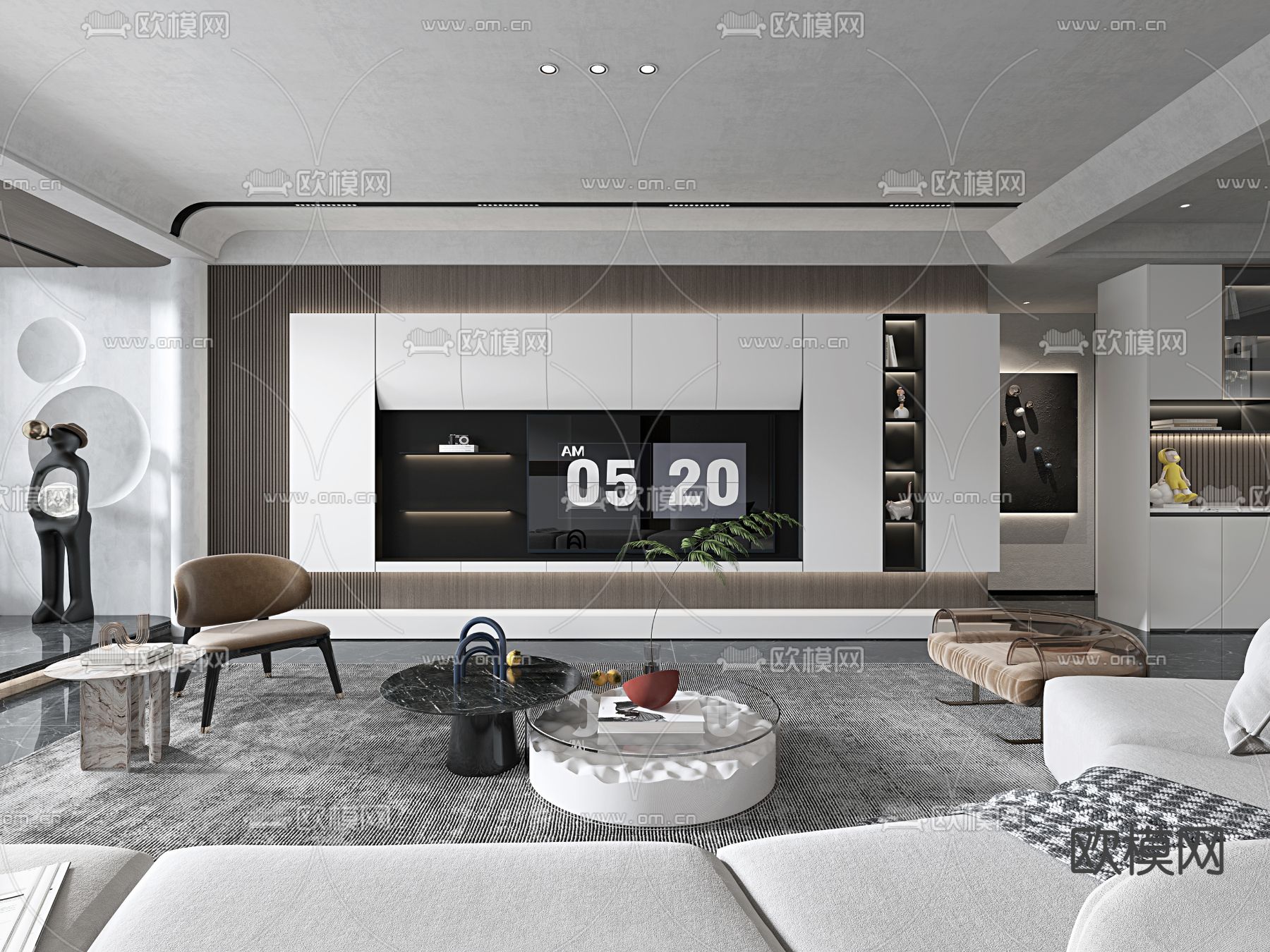现代高级灰客厅餐厅3d模型