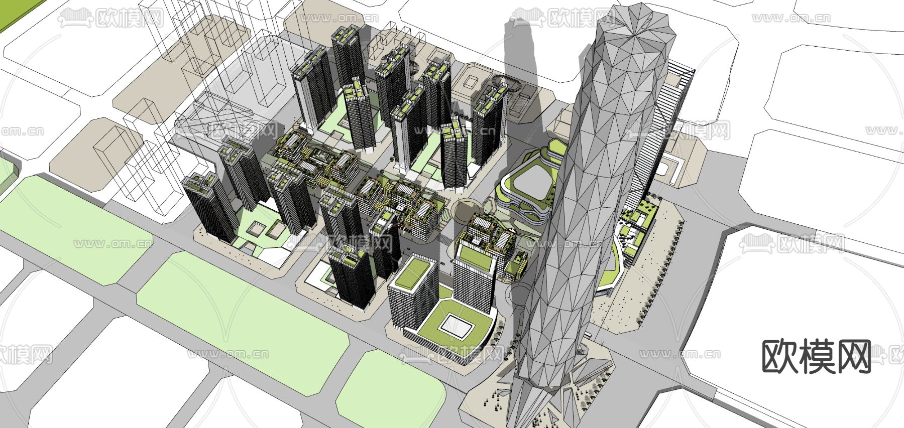 现代商业综合楼鸟瞰su模型下载（渲染图1）