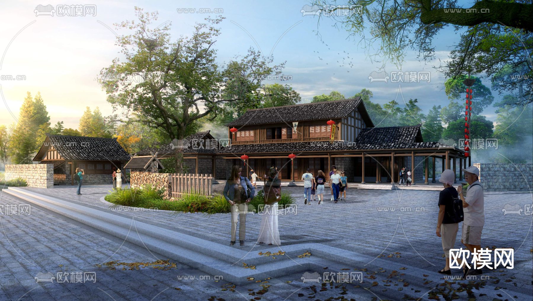 中式双层古建民宿景观psd下载