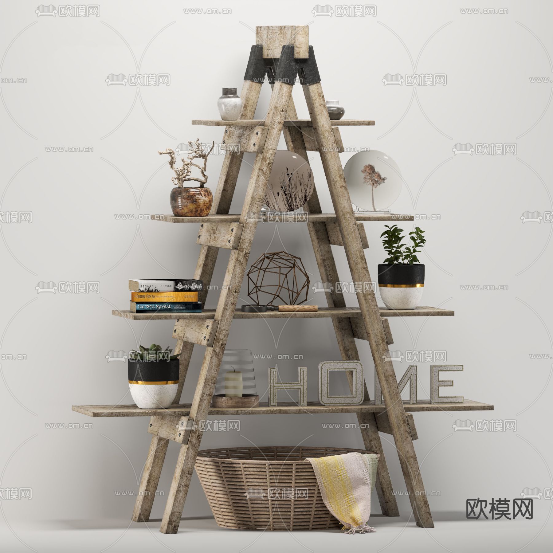 北欧风实木装饰架3d模型下载（渲染图1）